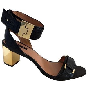 Rachel Zoe Black Leather Block Heel Sandal with Gold Hardware. Size 9
